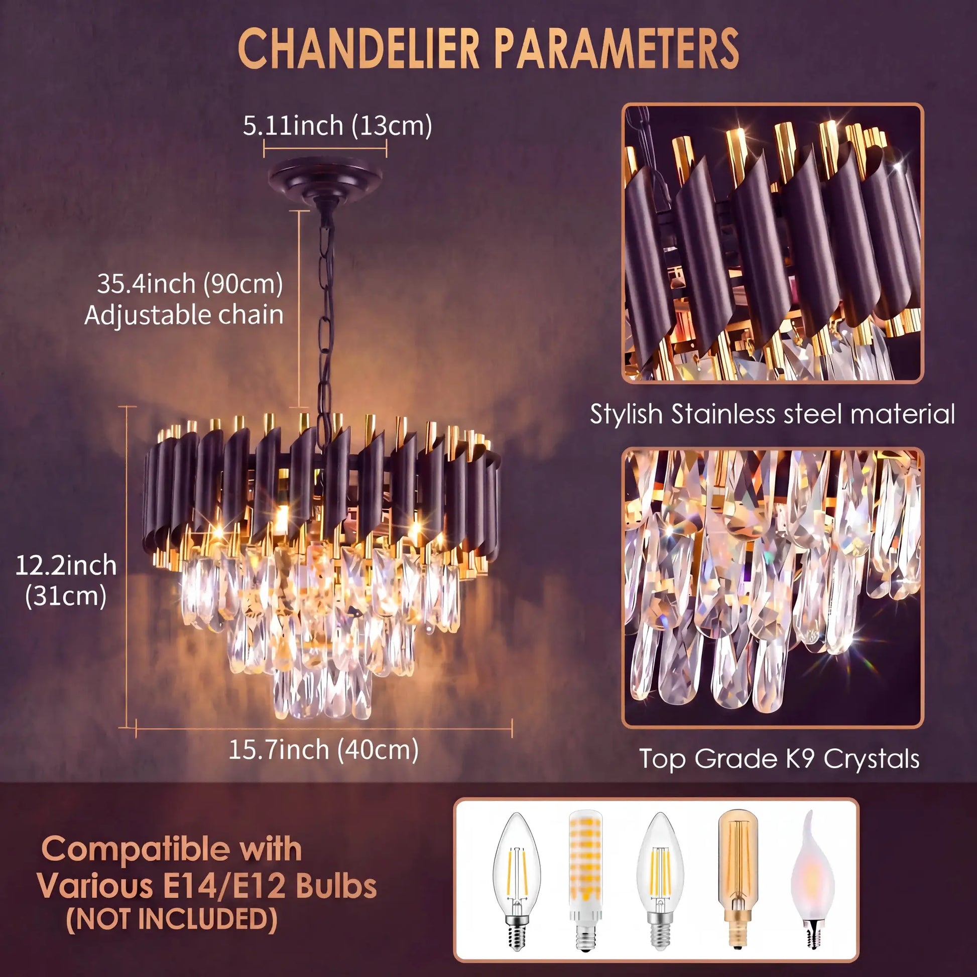 Modern Black and Gold Crystal Chandelier, Adjustable Chain Hanging Ceiling Light Fixture - dining room/living room/bedroom/foyer from PriceLows™