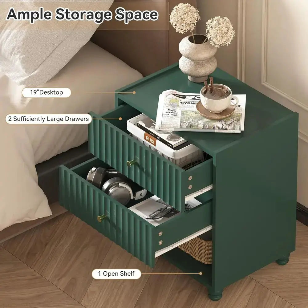 Green 2-Piece Nightstand Set with Open Shelf and 2 Drawers for Bedroom from PriceLows™