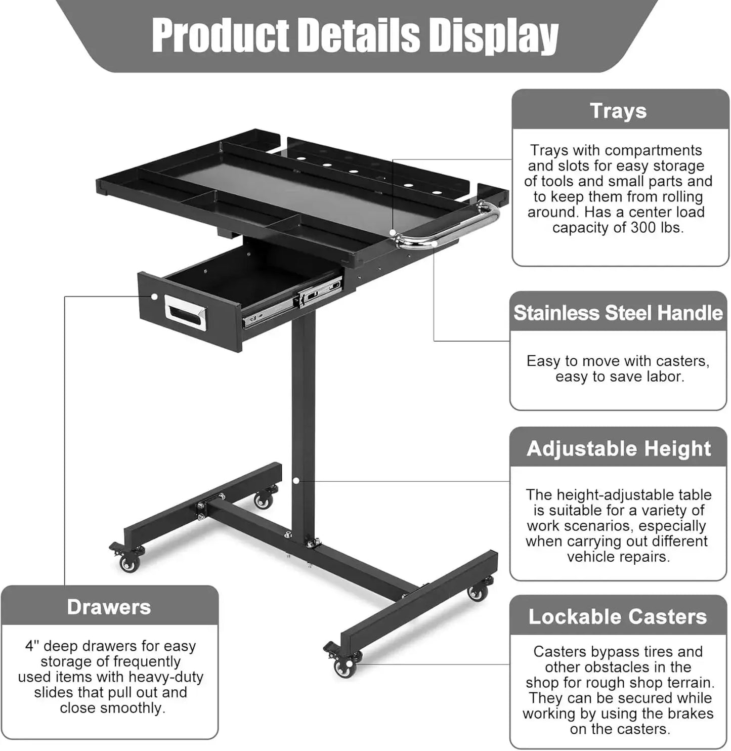 Mobile Work Table with Adjustable Height – 300Lbs Capacity Mechanic Rolling Tool Cart with Brakes for Garage Car Repair Shop from PriceLows™