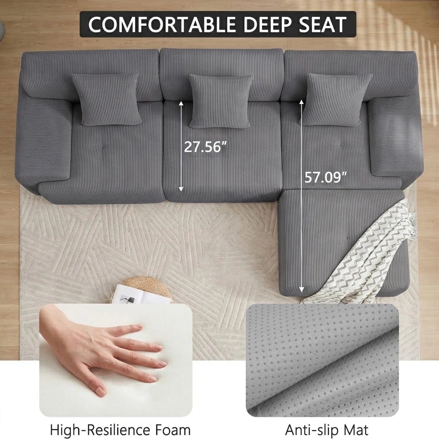 Modular Sectional Sofa | 118 Inch | L Shaped With Movable Ottoman | Beige