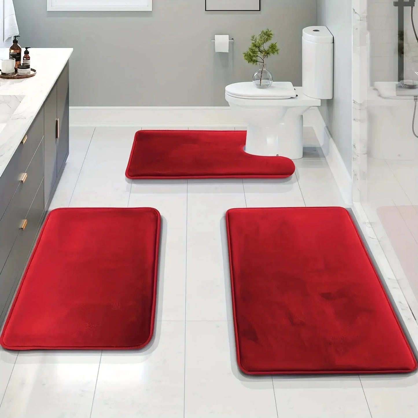 Set of 3 Durable Memory Foam Bath Mats with Non-Slip Features, Including a U-Shaped Mat And a Toilet from PriceLows™