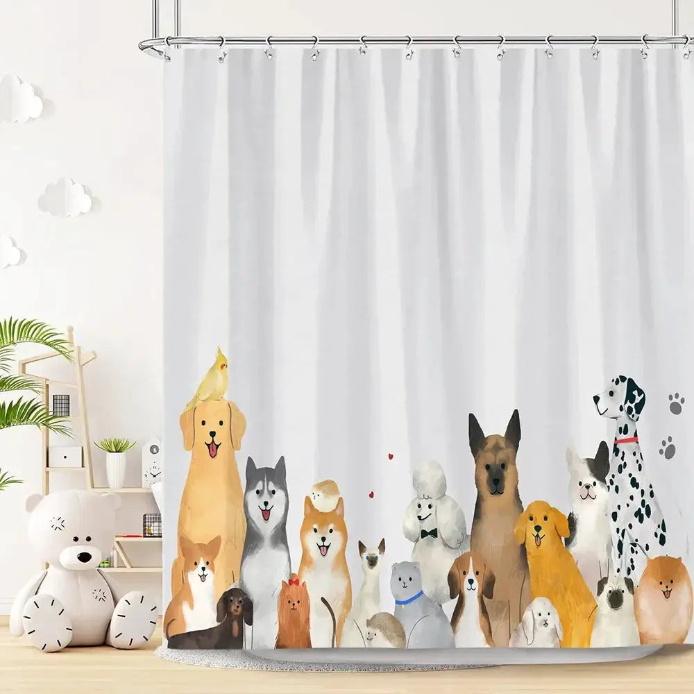 Funny Cat and Dog Shower Curtain Kids Cartoon Cute Pet Animals Bathtub Rain Shower Curtains Polyester Bathroom Decor with Hooks from PriceLows™