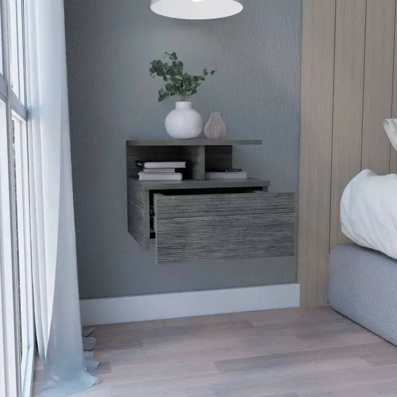 Floating Nightstand 12"H, Wall Mounted with Single Drawer and 2-Tier Shelf, Smokey Oak from PriceLows™