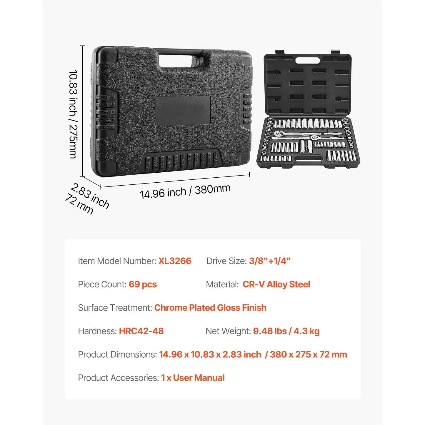 SucceBuy Socket Set 86 Pieces 3/8 1/4 1/2in Drive Socket and Ratchet Set SAE Metric Mechanic Tool Kit with Ratchet Wrench from PriceLows™