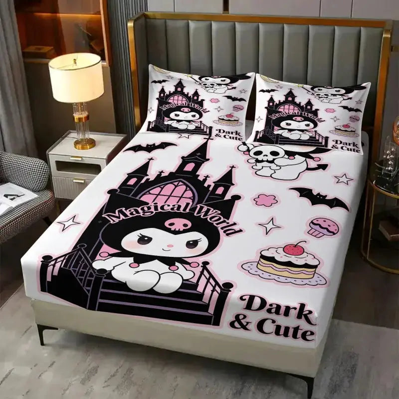 Sanrio Kuromi Magical Castle Fitted Sheet Set Cute Dark Anime Bed Sheet Pillowcases Girl Bedroom Soft Cartoon Mattress Protector from PriceLows™
