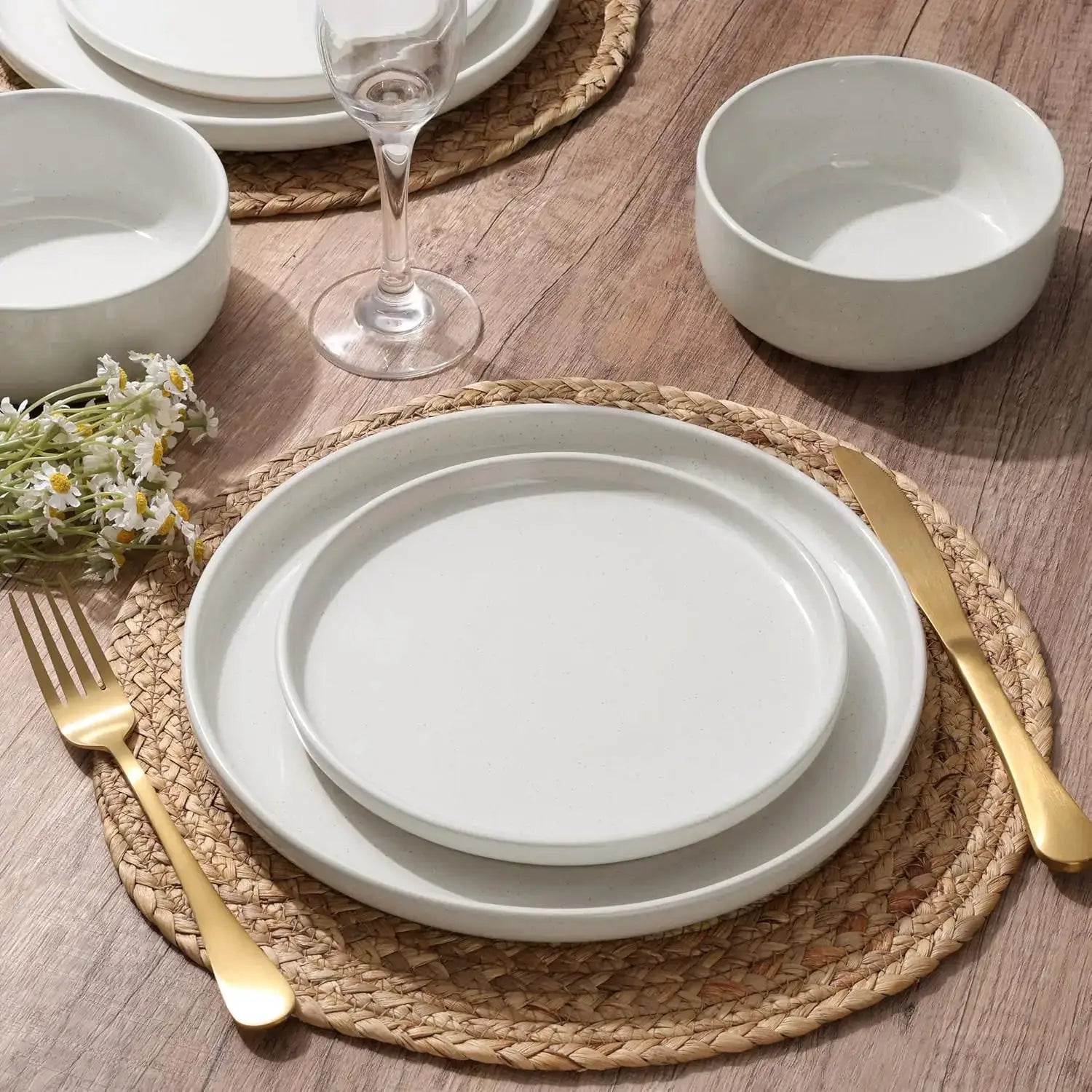 Stoneware Dinnerware Sets, 12-Piece Plates and Bowls Set for 4, Dishes Set for Home Restaurant, Speckled Milky White from PriceLows™