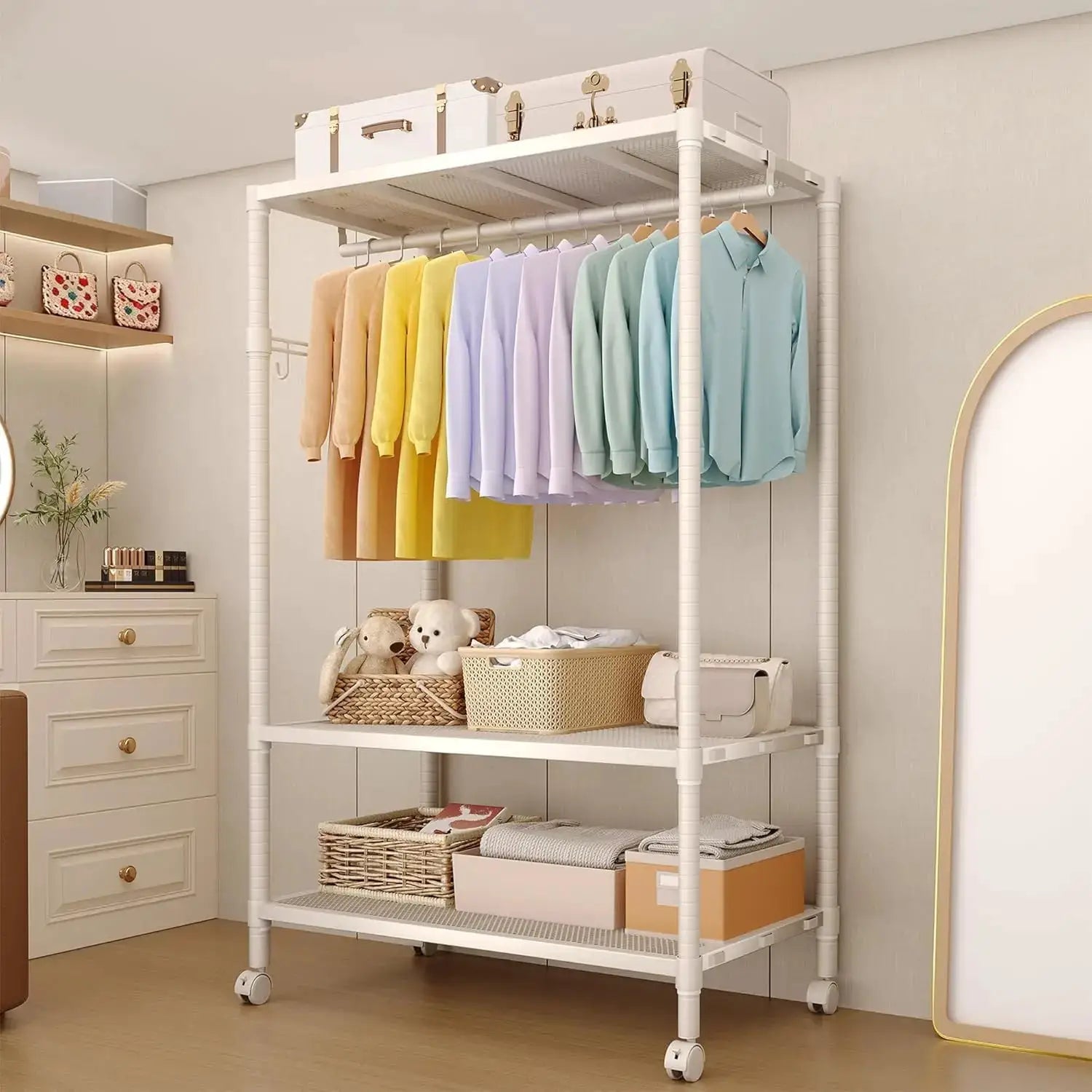 Rolling Clothes Rack for Hanging Clothes, Garment Rack with Storage Shelf and Side Hooks, Clothing Rack for Bedroom, Living Room from PriceLows™