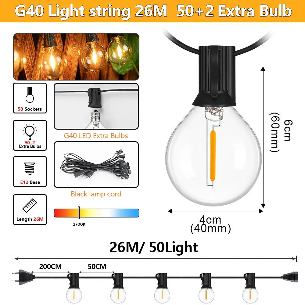 Outdoor LED Waterproof G40 String Light EU Plug Shatterproof Light Bulb Garden Fairy String Lights for Patio Festoon Party Decor from PriceLows™