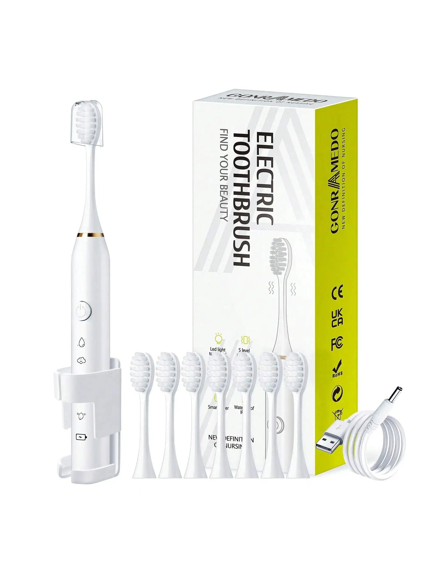 Electric Toothbrush | 8 Replaceable Heads | USB Charging | Pink