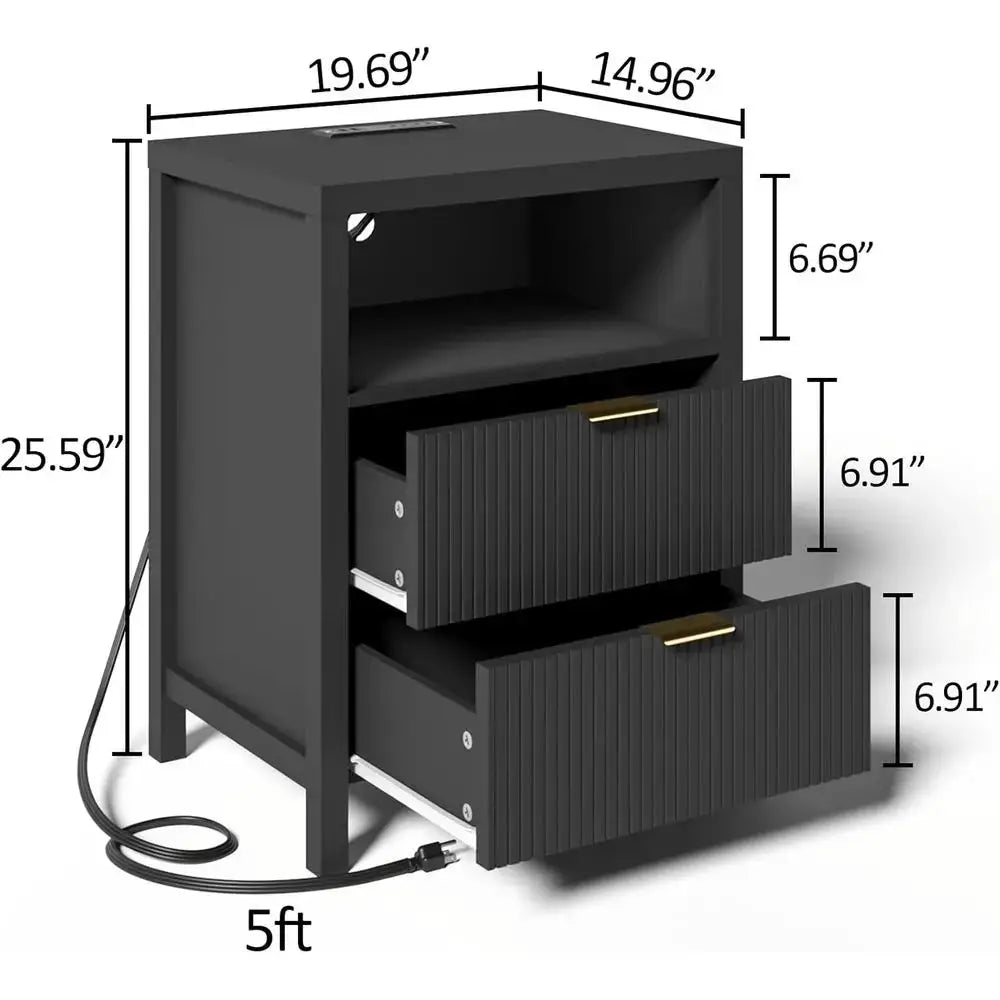 Black Charging Station Nightstand & 2 Storage Bedside Tables for Bedroom and Living Room from PriceLows™