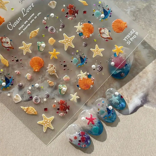 Silver Foil Ocean Nail Stickers 5D Embossed Starfish Shell Nail Art Decals Metallic Marine Manicure Decoration Summer DIY from PriceLows™