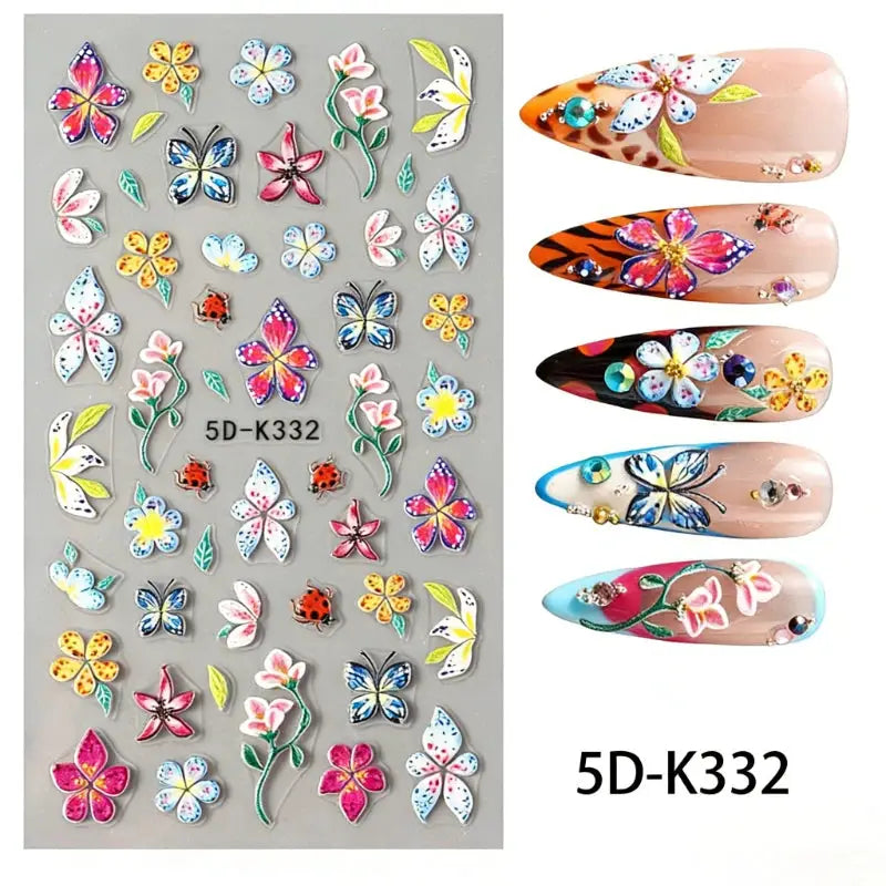 5D Embossed Green Vine Floral Nail Stickers - Matte Finish Self-Adhesive Nail Art Decals with Cartoon-Style Flowers from PriceLows™
