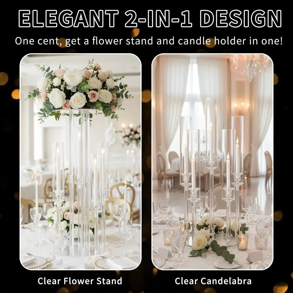 Acrylic Candelabra Stand | 5 Arm Design | Clear Finish | 2 Piece Set
