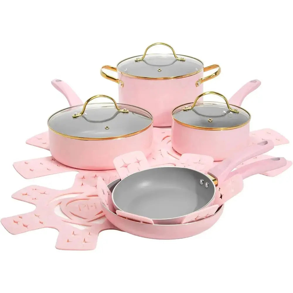 12-Piece Pink Nonstick Cookware Set with Tempered Glass Lids and Cool Handles from PriceLows™