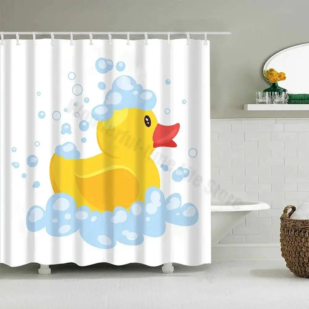 Cute Little Yellow Duck Shower Curtain Cartoon Funny Smiley Face Bathroom Waterproof Bath Duck Fabric 12 Hooks Bathroom Decor from PriceLows™