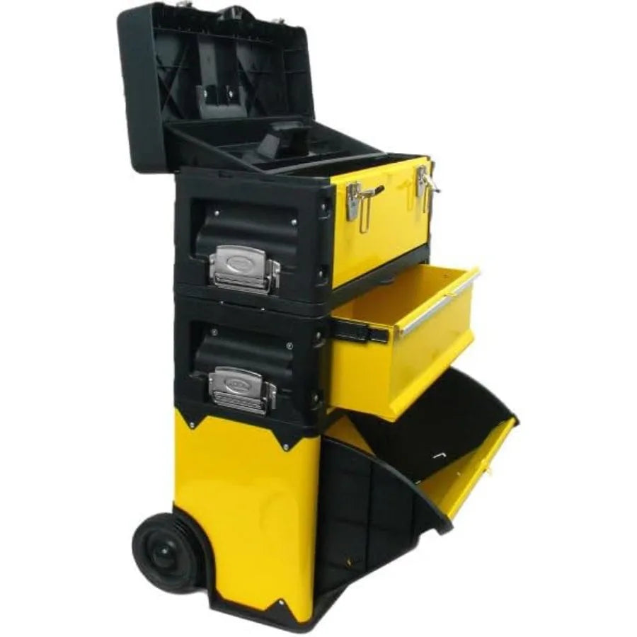 Portable Tool Box on Wheels - Stackable 3-in-1 Chest for Workshops and Craft Rooms - Foldable Comfort Handle and Latches in Bla from PriceLows™
