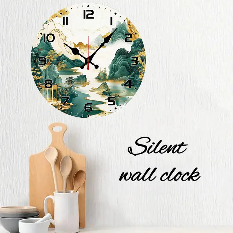 DIY 2D Flat Chinese Landscape Wooden Round Silent Hanging Wall Clock, Suitable For Living Room, Office, Study Room, Bedroom, Home from PriceLows™