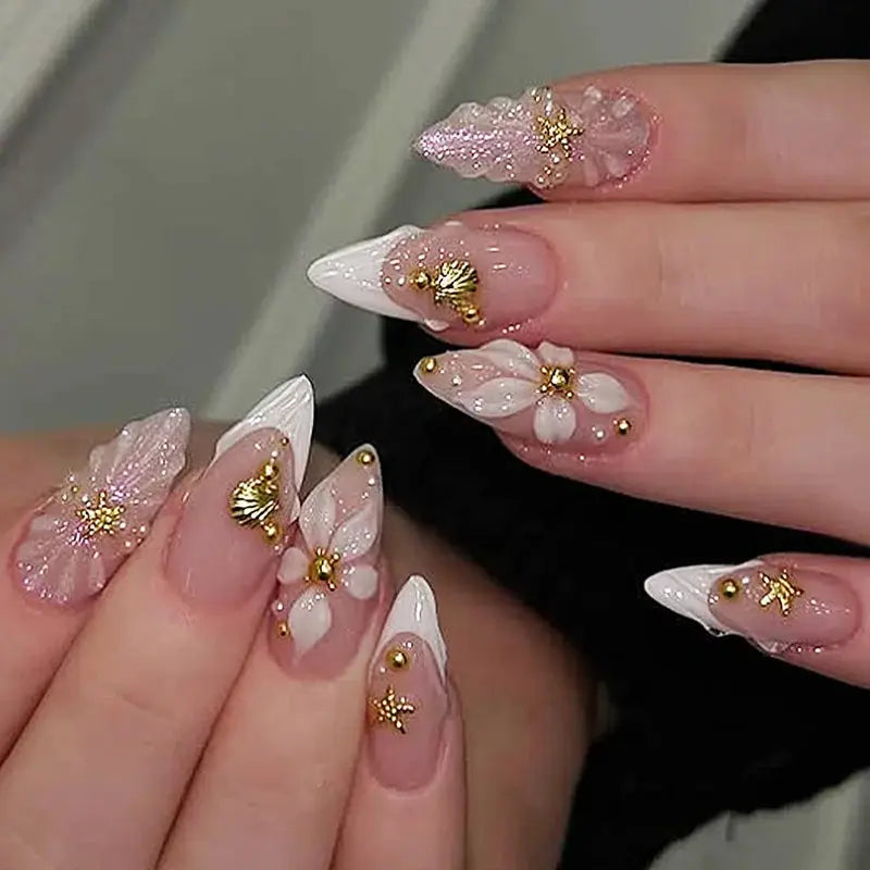 Press On Nails | 3D Seashell Design | Almond Shape | 24 Piece Set