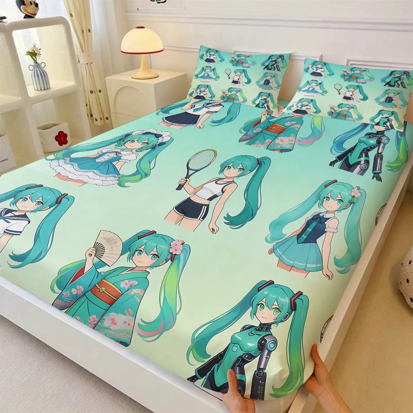 3Pcs Hatsune Miku Chibi Style Fitted Sheet Set Cute Anime Bed Cover with Pillowcases Deep Pocket Teen Room Fans Room Decor Gift from PriceLows™