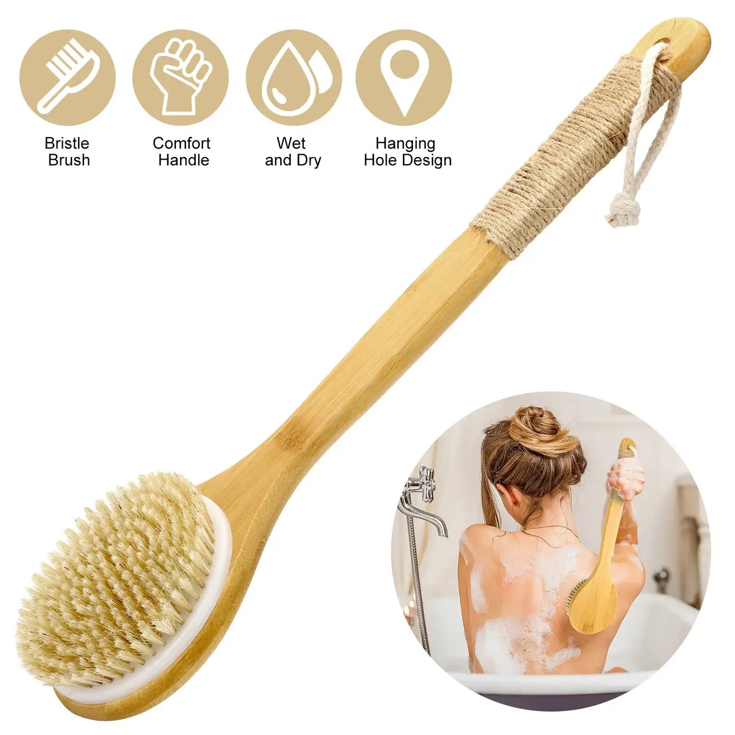 Bath Brush | Long Handle | Boar Bristle | Brown Rope