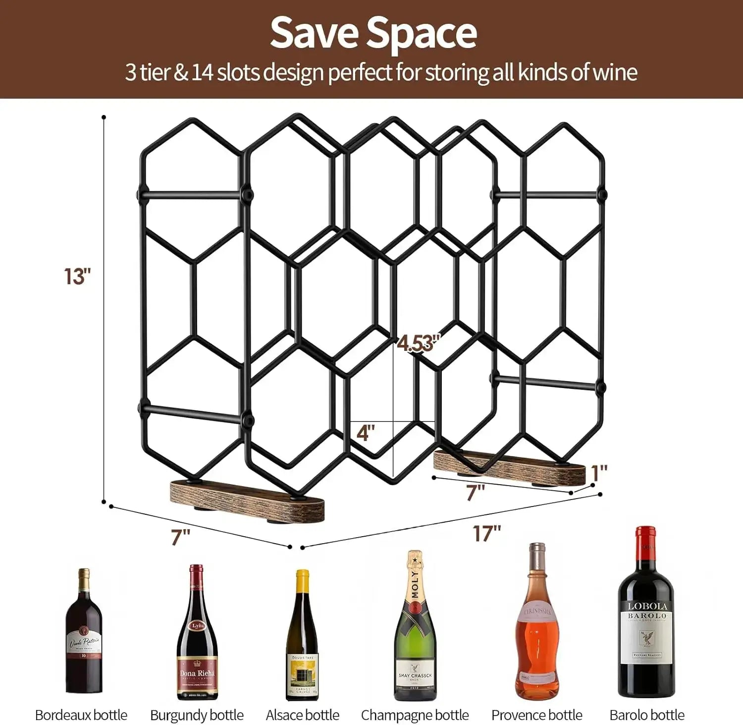 Countertop Wine Rack, 14-Bottle Freestanding Modern Carbon Steel Holder Hexagonal Structure, 3 Tier Tabletop Wine Bottl from PriceLows™
