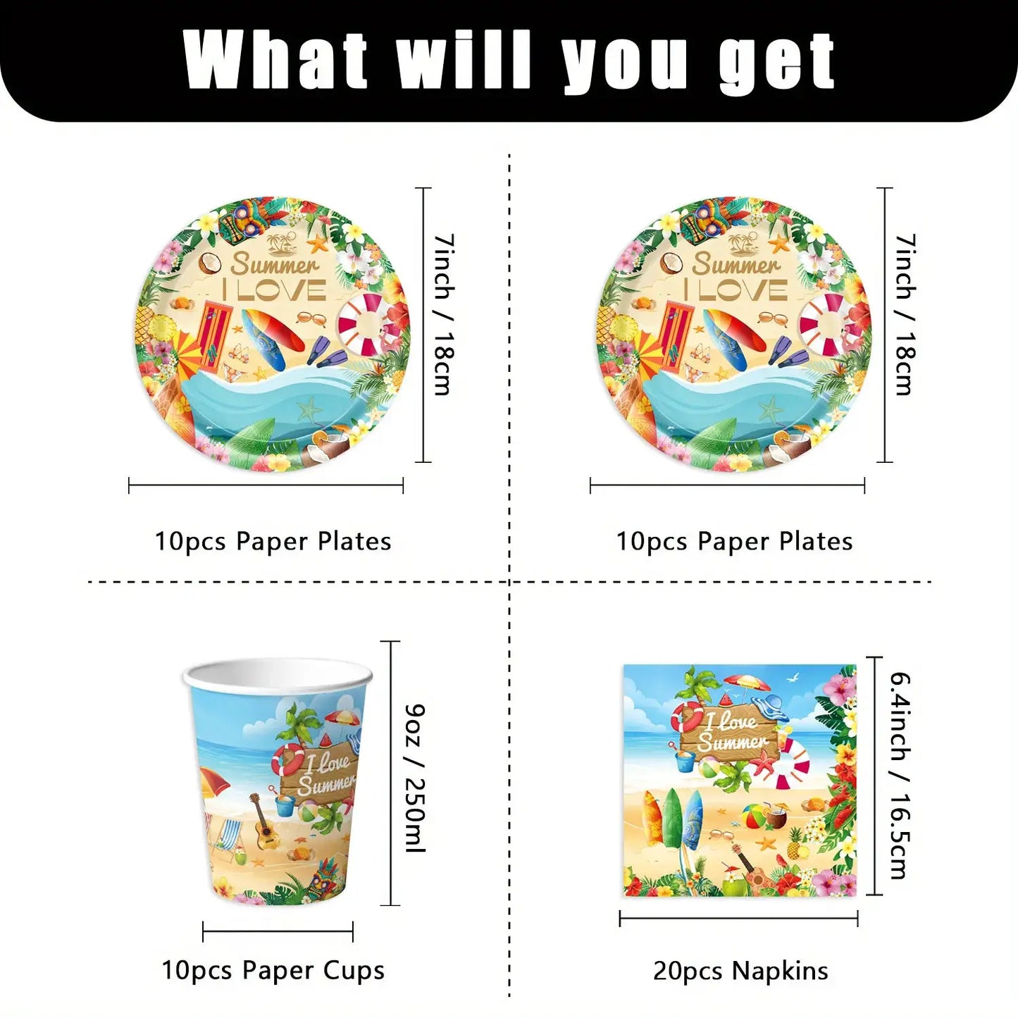 Summer Beach Party Tableware Set | Paper Plates Cups Napkins With Tablecloth