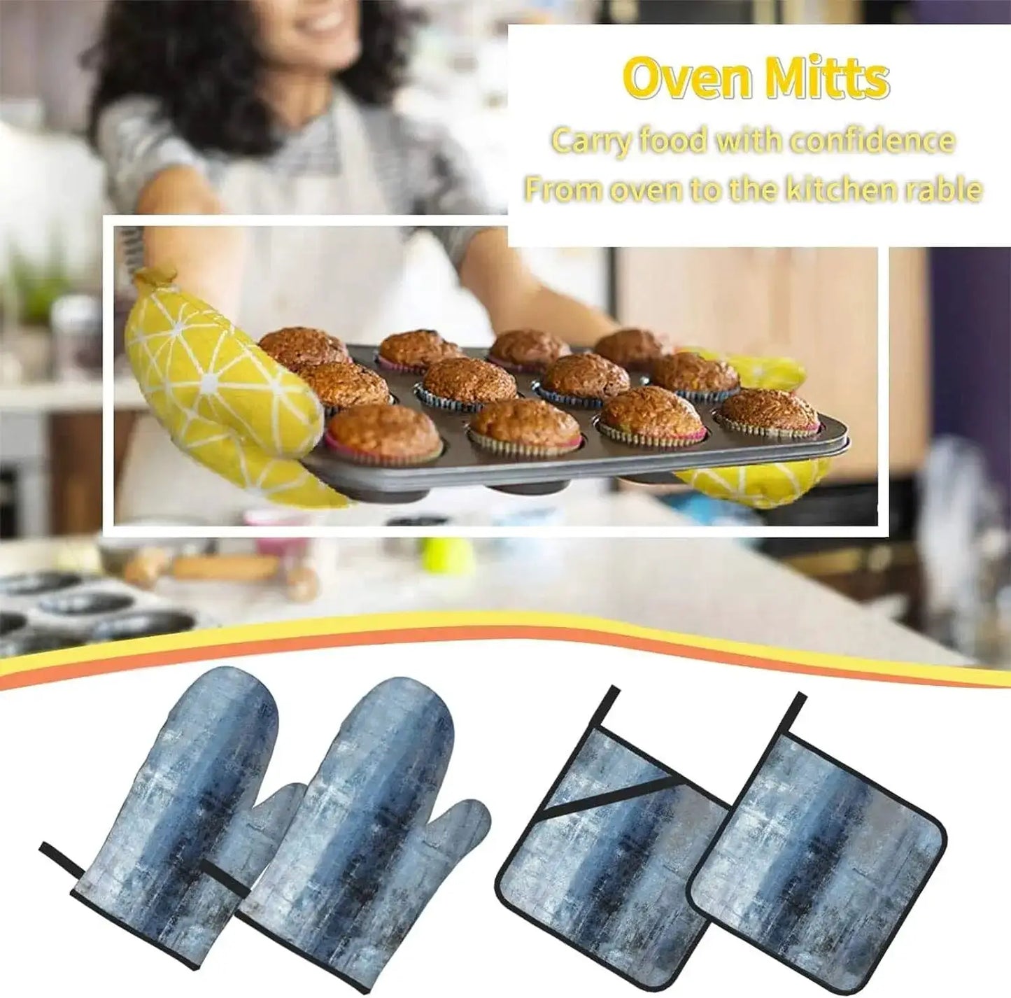 Oven Mitts Set | Abstract Art Blue Grey | Polyester Heat Resistant | 4-Piece Set