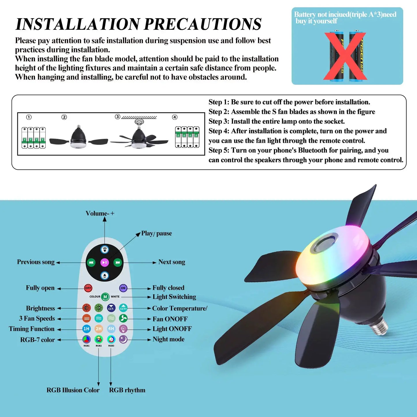 Ceiling Fan | E27 Base | RGB LED Light Bluetooth Speaker