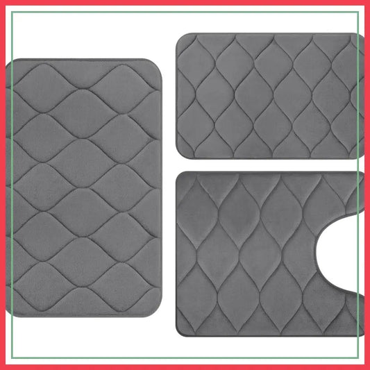 Super Soft Non-Slip Bath Mat Set of 3 - Water Absorbent, Washable Ogee Design, Dark Grey from PriceLows™