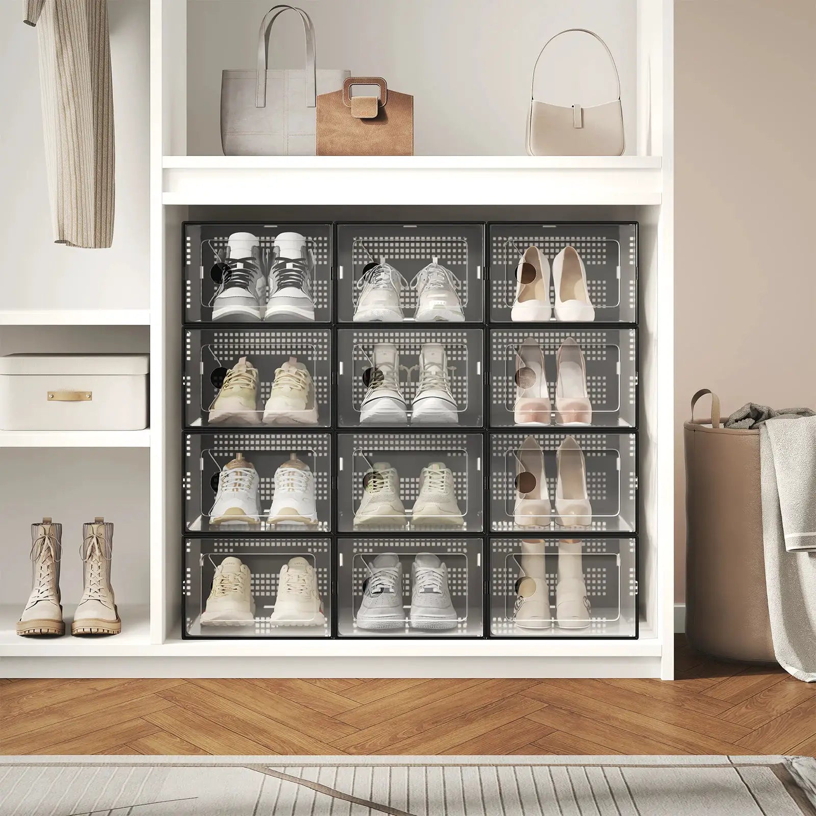 JHK 12/15 Pack Plastic Stackable Shoe Organizer with Lids for Closet Foldable Shoe Rack Sneaker Container Under Bed and Entryway Space Saving Cabinet Home Furniture from PriceLows™