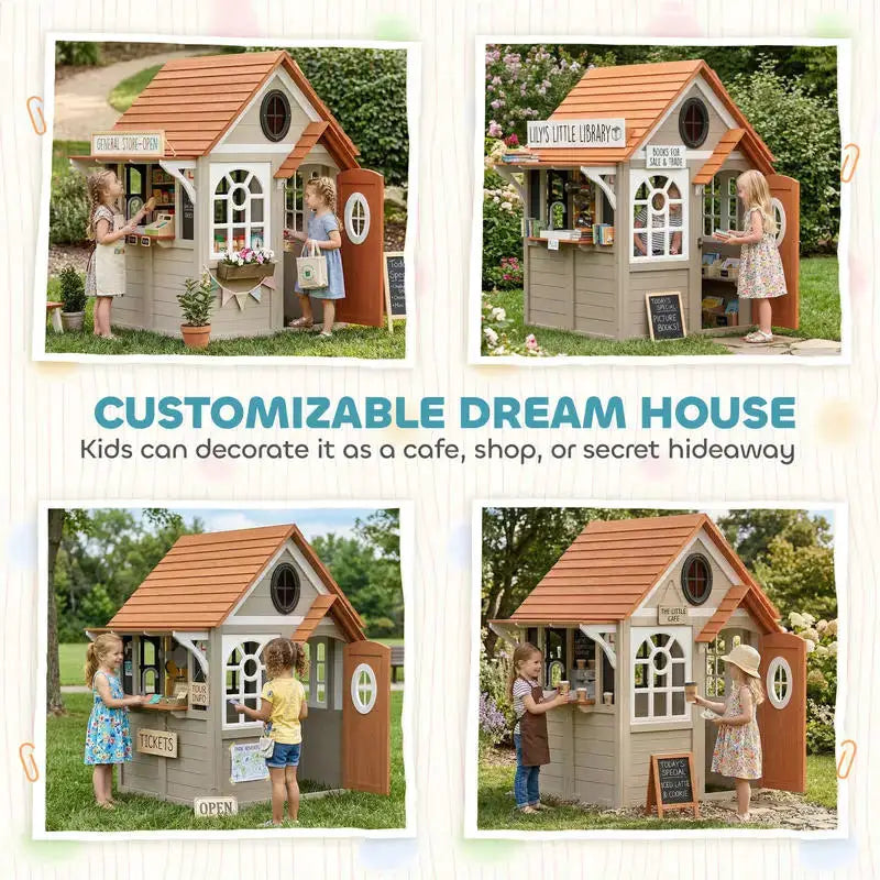 Qaba Outdoor Playhouse, Wooden Kids Playhouse with Dog Door, Cookware, Blackboard, Clock, Tic-Tac-Toe Roller for Backyard from PriceLows™