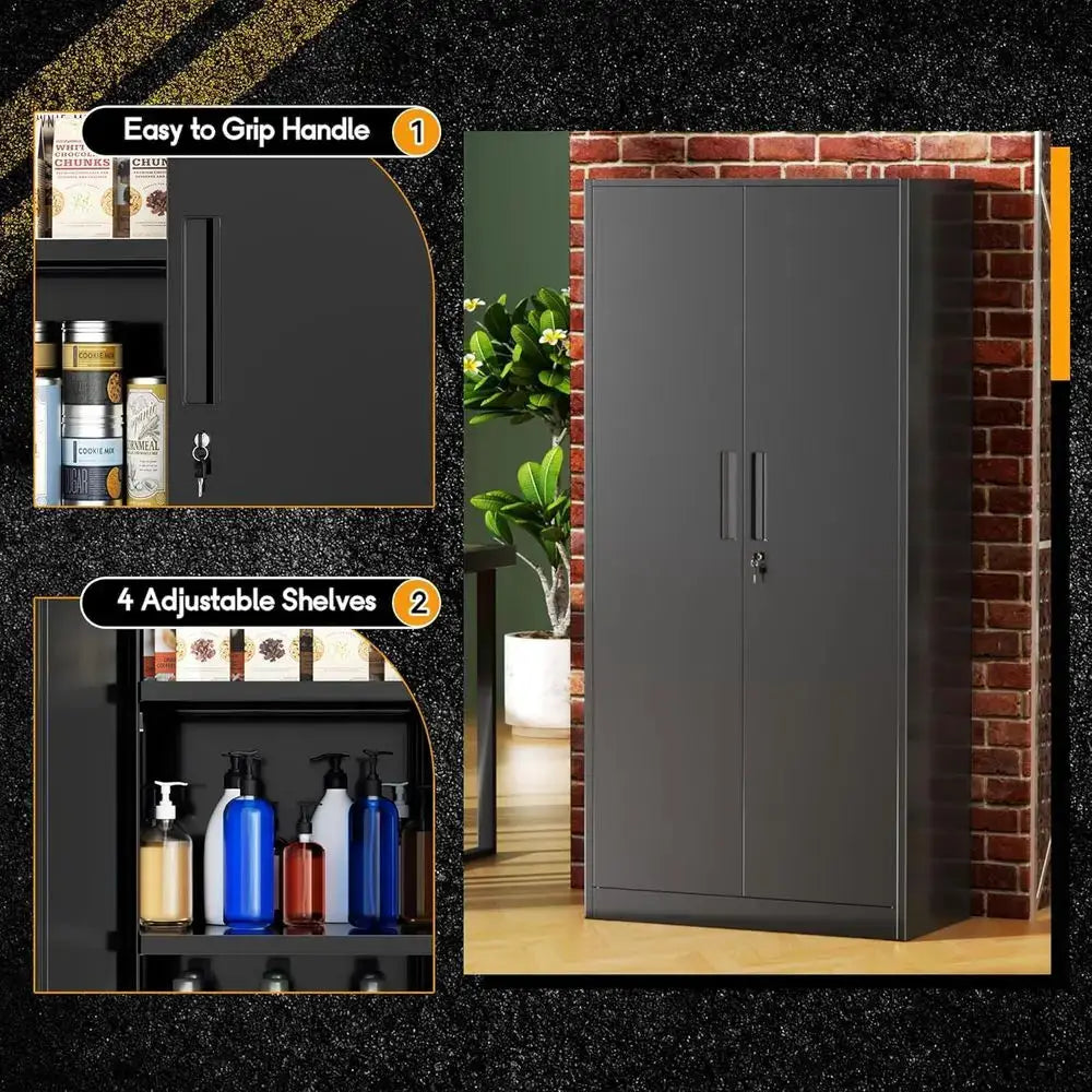 72-Inch Tall Black Steel Lockable Cabinet with 4 Adjustable Shelves for Garage, Office, and Home Storage from PriceLows™