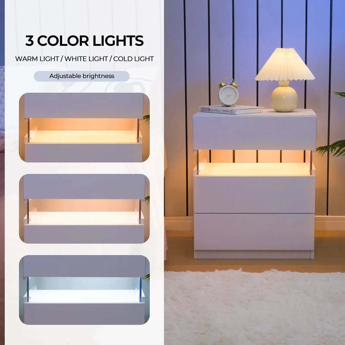 Cubehom Bedside Tables 2 Set with LED Lighting White Bedside Table with 3 Drawers Bedside Table for Bedroom from PriceLows™
