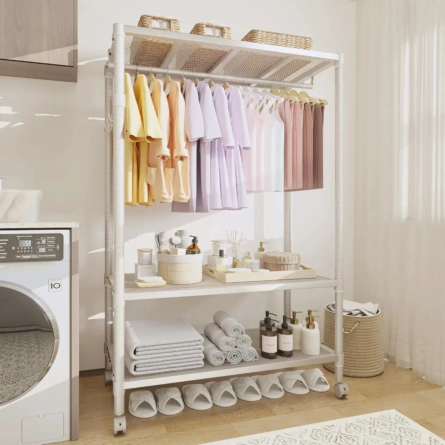 Rolling Clothes Rack for Hanging Clothes, Garment Rack with Storage Shelf and Side Hooks, Clothing Rack for Bedroom, Living Room from PriceLows™