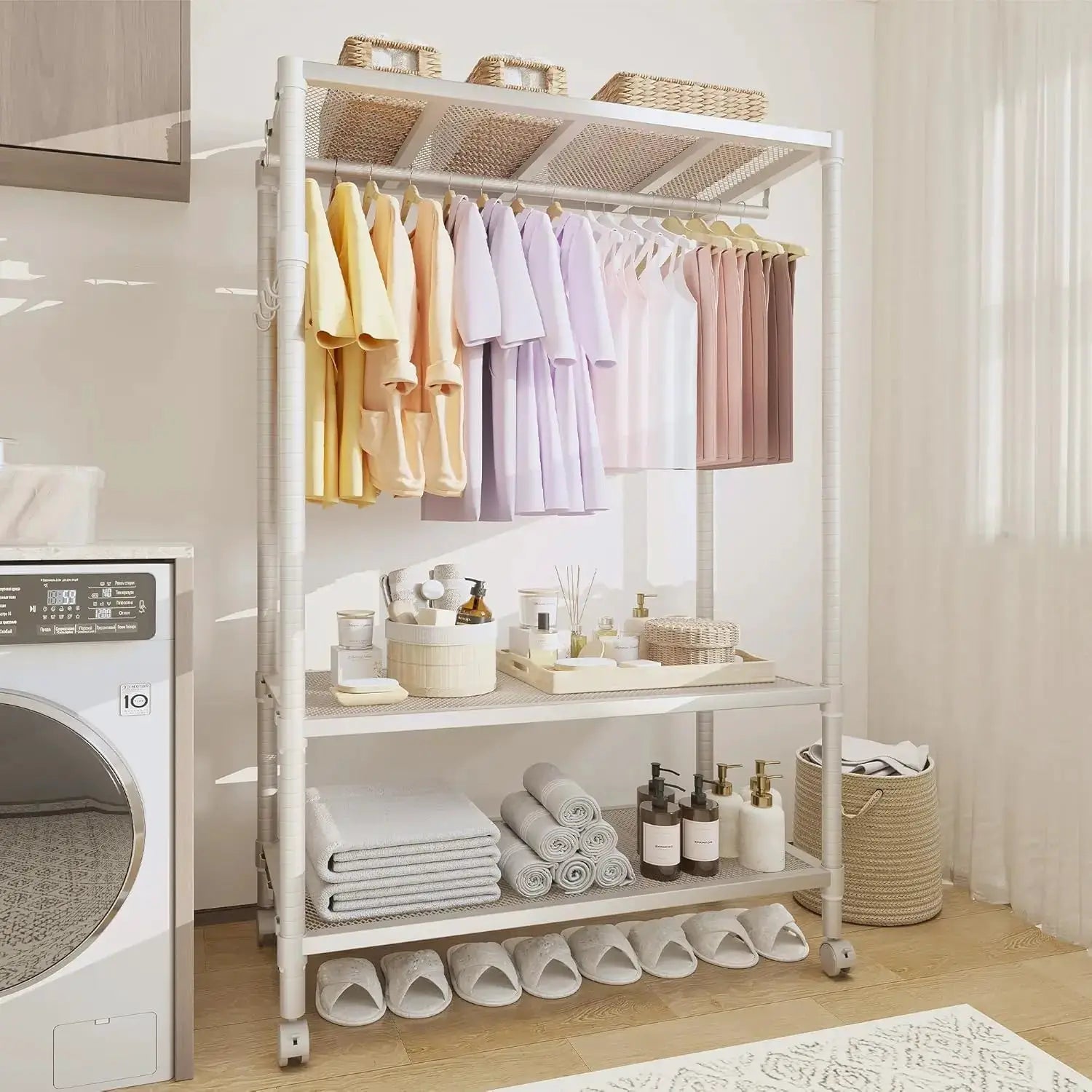 Rolling Clothes Rack for Hanging Clothes, Garment Rack with Storage Shelf and Side Hooks, Clothing Rack for Bedroom, Living Room from PriceLows™