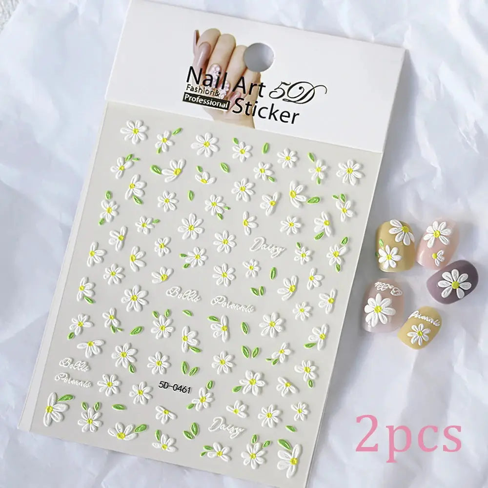 2pcs 5D White Daisy Design Nail Art Stickers Embossed Daisy Floret Green Leaf Nail Art Decals DIY Spring Summer Decor Stickers from PriceLows™