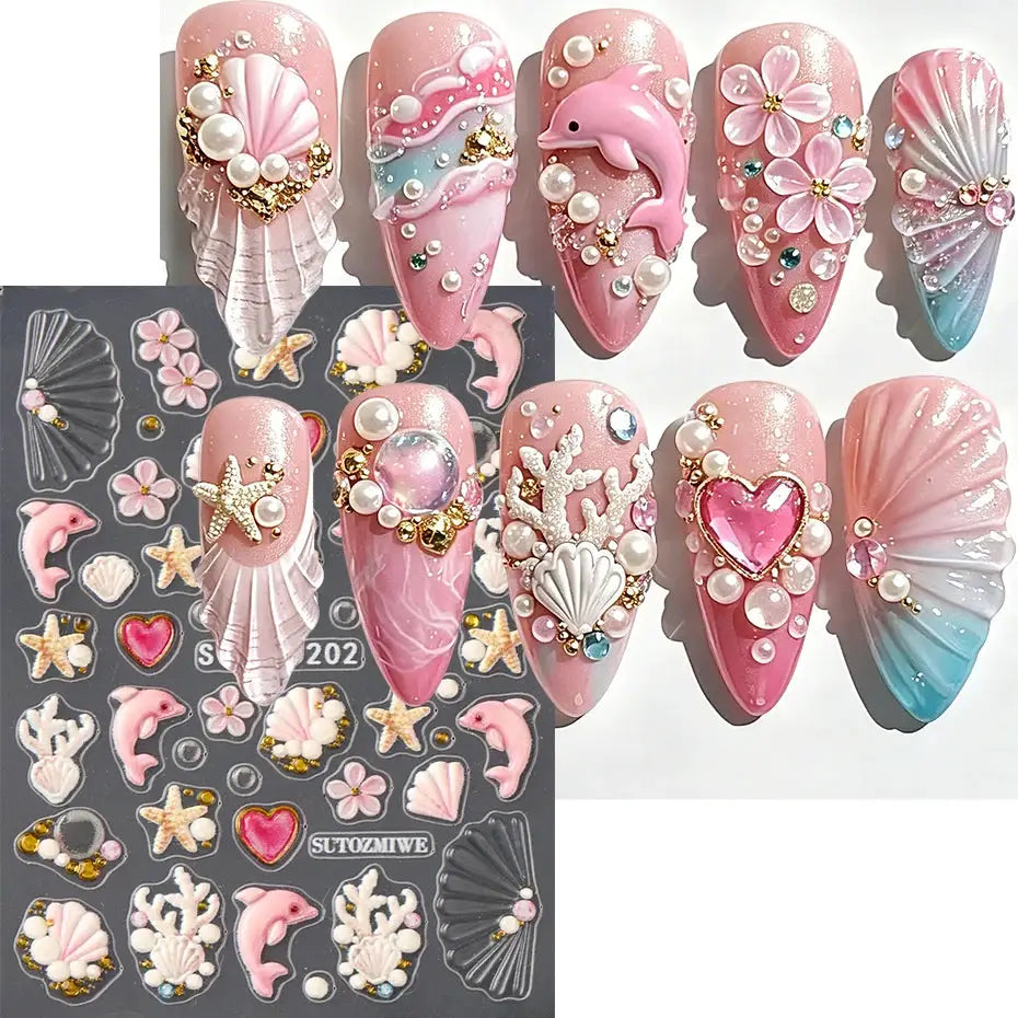2pcs 5D Embossed Ocean Nail Art Stickers 3D Decals Starfish Coral Seashell Dolphin Crab Summer Beach Nail Decorations Manicure from PriceLows™