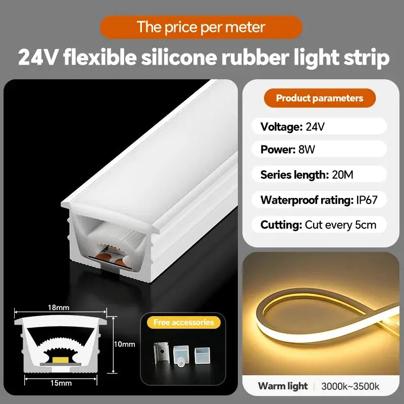 24VLED Silicone Light Strip Sleeve Outdoor Waterproof Linear Light Open Hidden Embedded Flexible Bendable Shaped Light Strip from PriceLows™