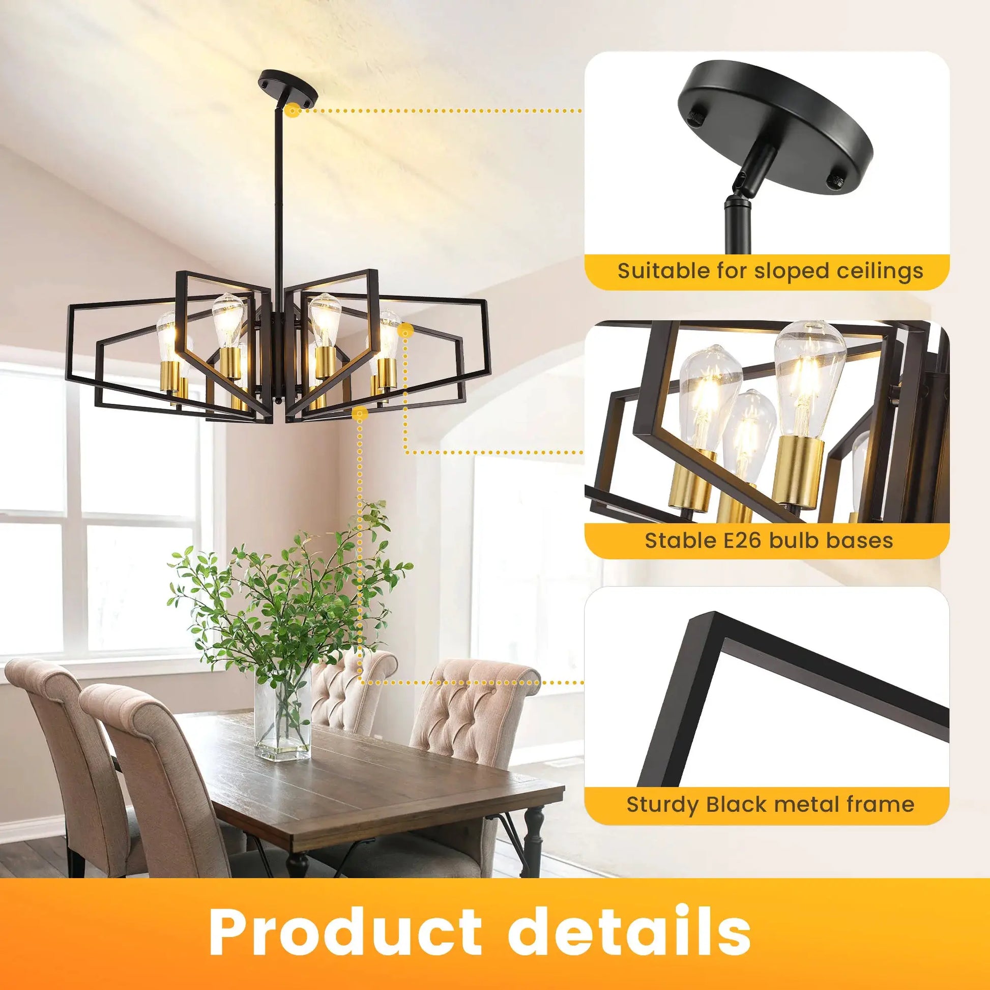 Modern 8-Light Geometric Chandelier Adjustable Height Metal Pendant Light with Black Frame & Golden Accents Ceiling Light Decor from PriceLows™
