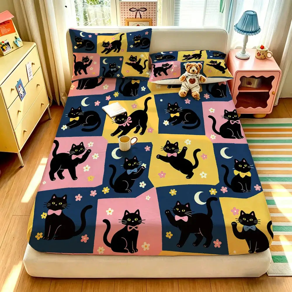 3pcs Cartoon Bear Kitten Printed Chipless Bed Sheet Set Multiple Sizes Soft Bed Cover Bedroom Bedding Decoration, Gift Bedding from PriceLows™