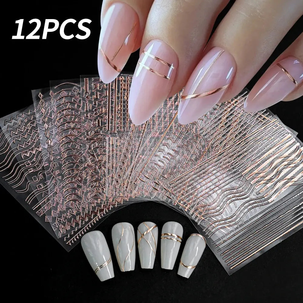 12Sheets Gold Metal Stripe Wave Nail Decals 3D Bronzing French Line/C Curve Stripe Nail Stickers 8*10cm Gold Line Nail Art Suppl from PriceLows™