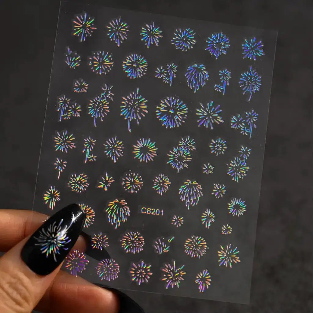 1PC Laser Fire work Nail Stickers 3D Self-Adhesive Blooming Fire-work Nail Decals New Year Firework Design Nail Slider 10*8cm from PriceLows™