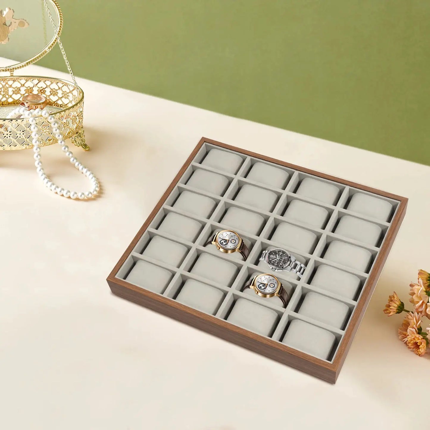 Elegant 24 Slot Watch Box with Removable Pillows, Wood Veneer Jewelry Organizer Display Case for Bracelets, Earrings, Necklaces from PriceLows™
