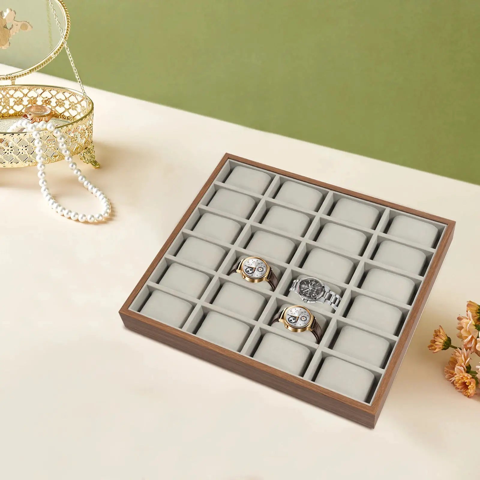 Elegant 24 Slot Watch Box with Removable Pillows, Wood Veneer Jewelry Organizer Display Case for Bracelets, Earrings, Necklaces from PriceLows™