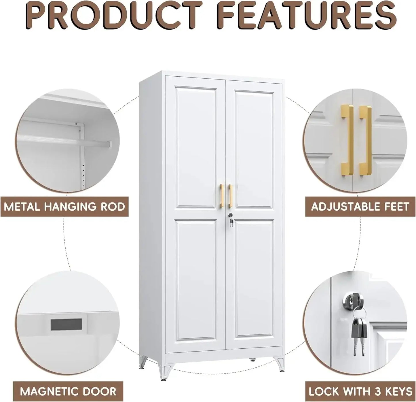 71" Metal Wardrobe Closet with Locking Doors, White Storage Cabinet with Hanging Rod & 3 Shelves for Home Office, Gym from PriceLows™