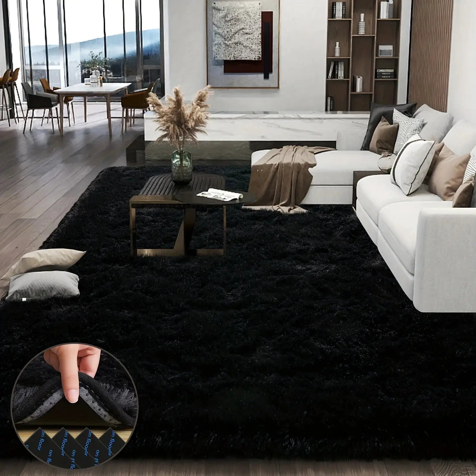 Large plush area rug, decorative rug for living room, super soft and fluffy plush rug for bedroom, home decor rug, black from PriceLows™