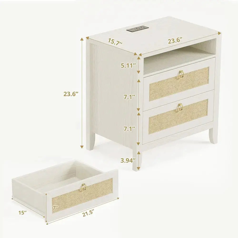 Cream White 2-Piece Rattan Nightstand Set with Charging Stations and Storage for Bedroom from PriceLows™