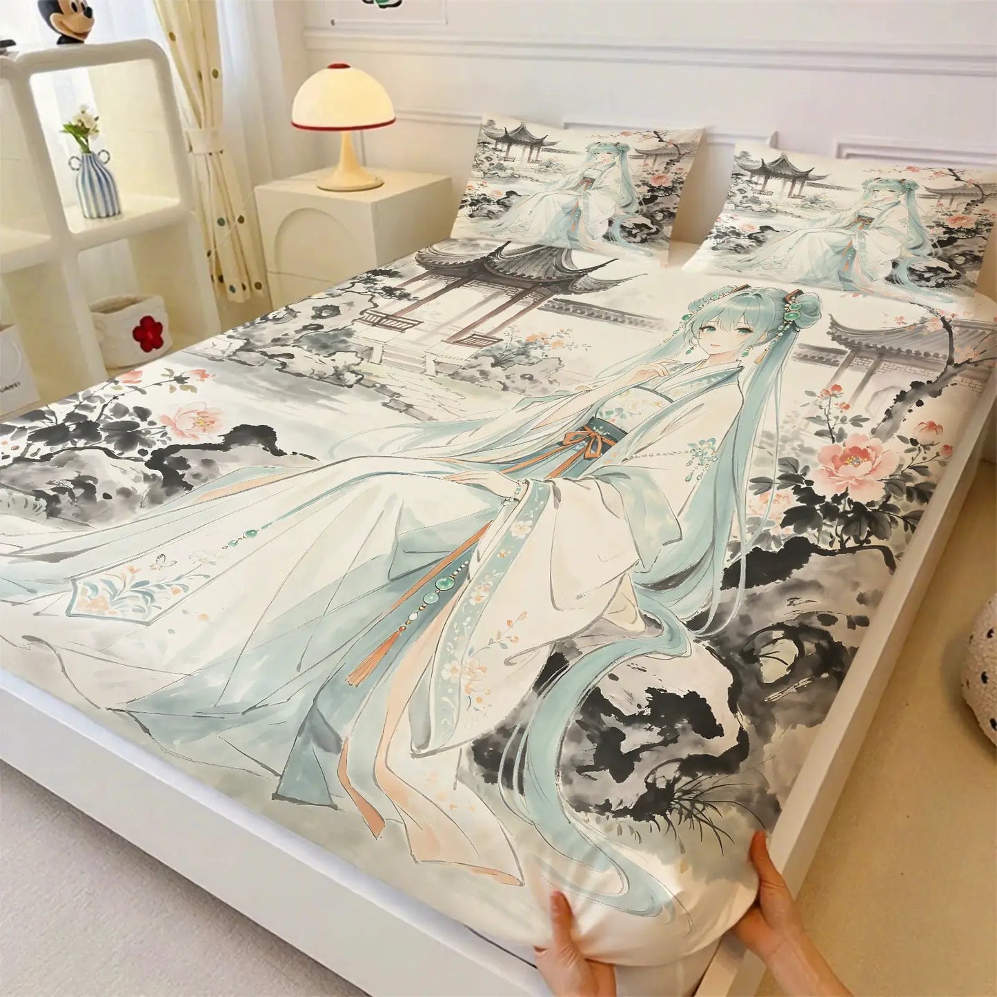 3Pcs Hatsune Miku Hanfu Style Fitted Sheet Set Ink Wash Anime Bed Cover with Pillowcases Deep Pocket Teens Fans Room Decor Gift from PriceLows™