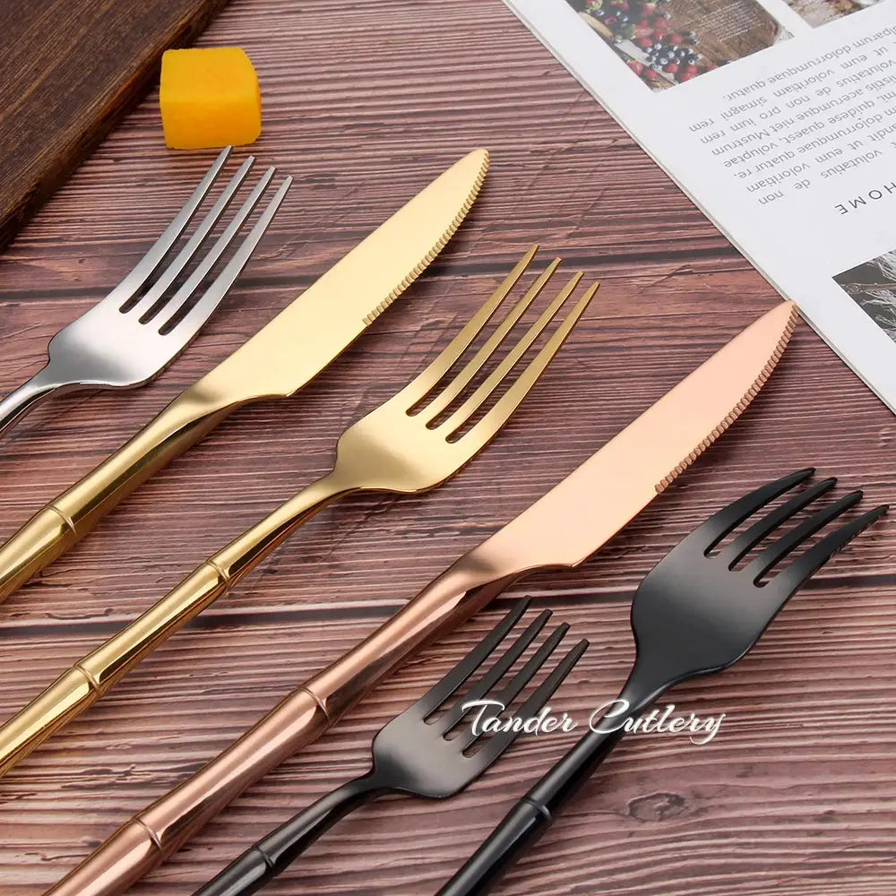 6/24/30Pcs Stainless Steel 304 Tableware Gold Cutlery Set Western Bamboo Shaped Handle Knife Fork Spoon Mirror Dinner Set from PriceLows™
