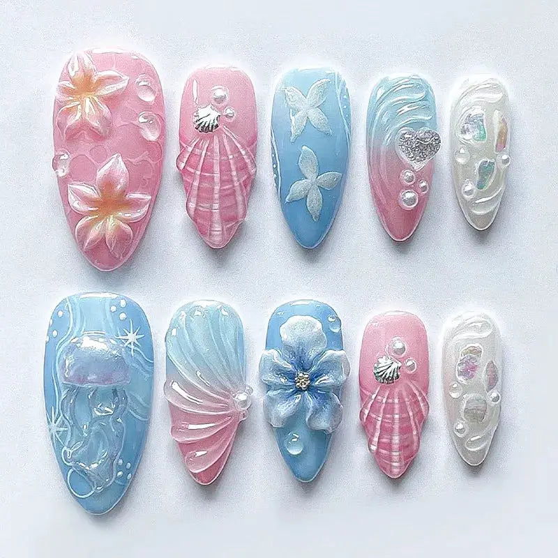 Almond Press On Nails | Acrylic Finish | Pearl Flower Design | 24 Piece Set